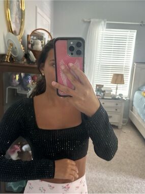 Black Sparkle Long-Sleeve Square-Neck Crop Top